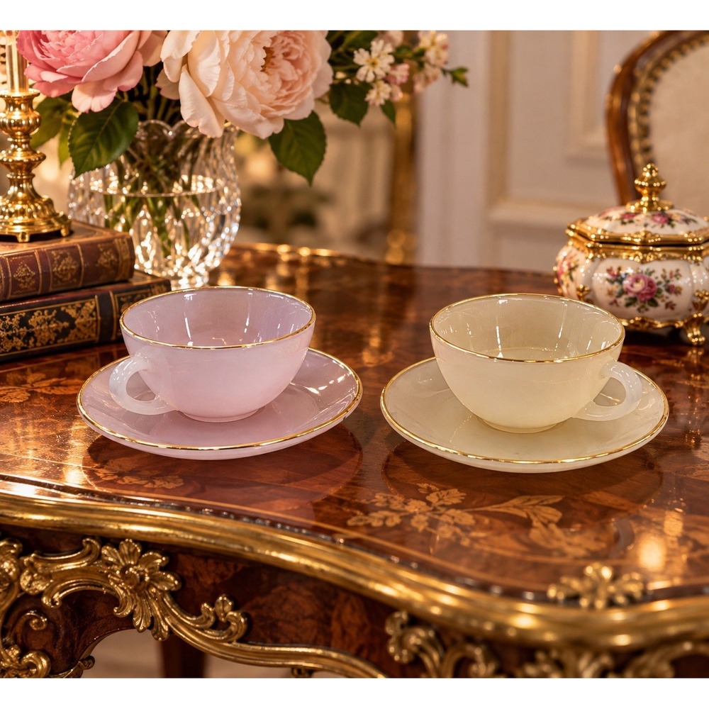 Arcopal France Pastel Opale Cups & Saucers: Gold Rim Harlequin Set(4-b0)